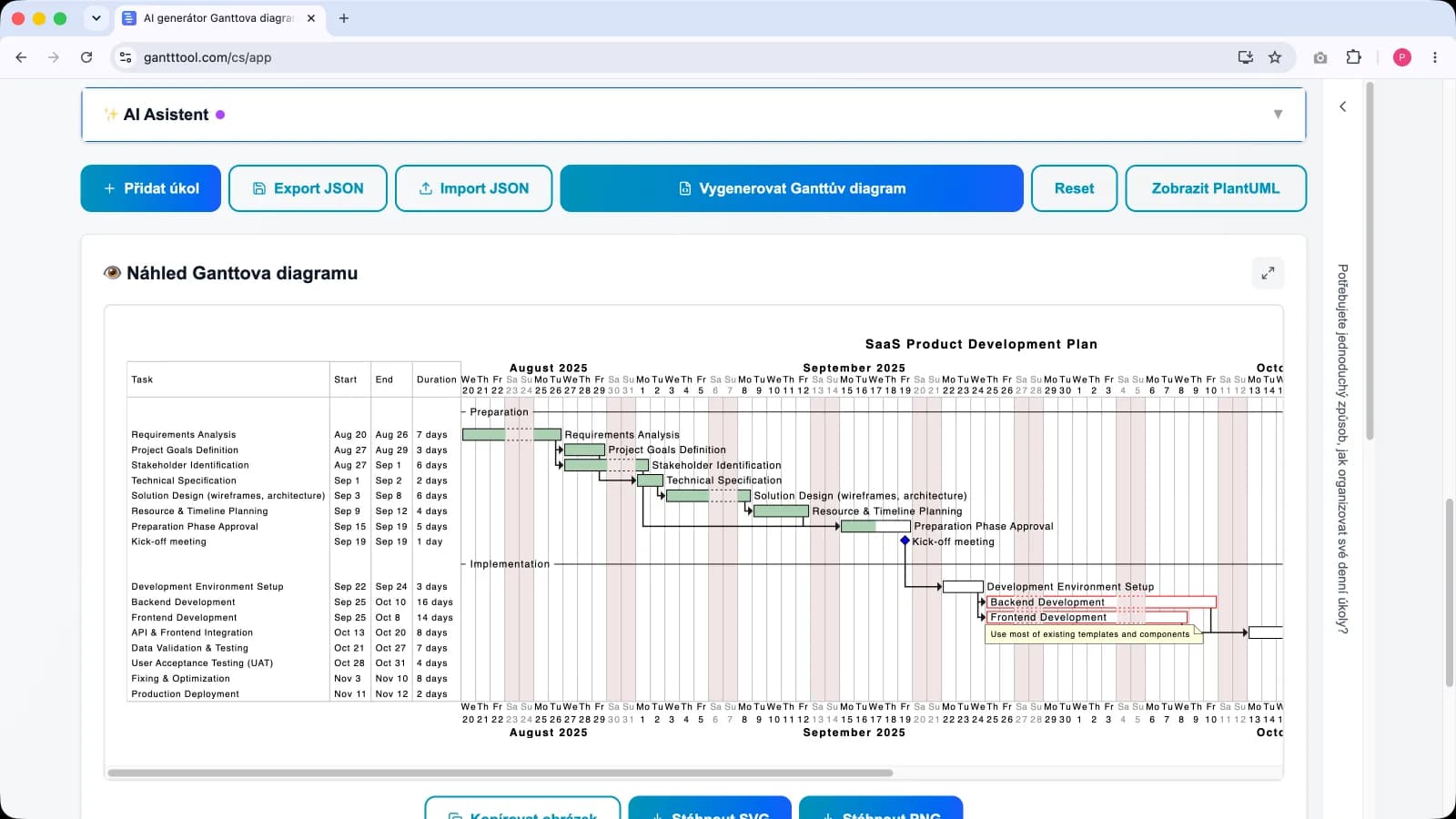 GanttTool aplikace s Ganttovým diagramem