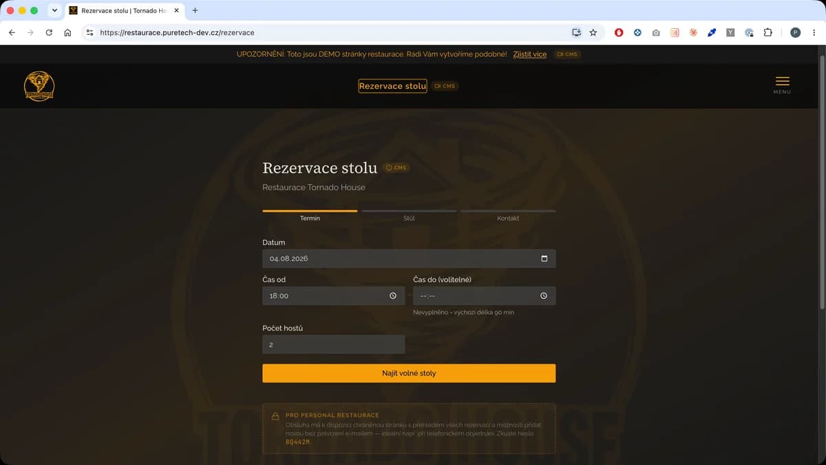 Rezervace stolů v CMS: jak nastavit stoly, dostupnost a personál