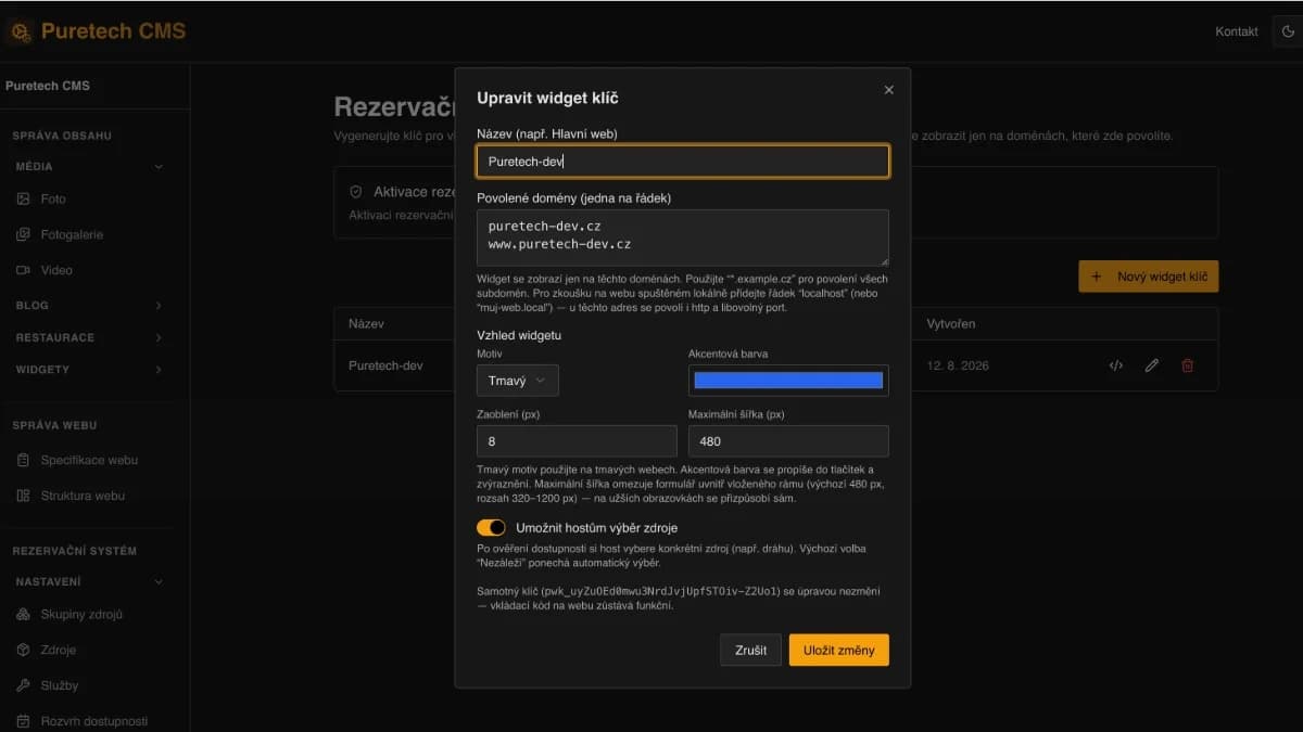 Nastavení widget klíče v Puretech CMS — povolené domény, motiv, akcentová barva, zaoblení a maximální šířka formuláře